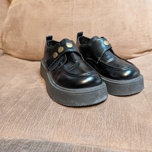 Kids Black Platform Mary Jane Shoes with Gold Studs